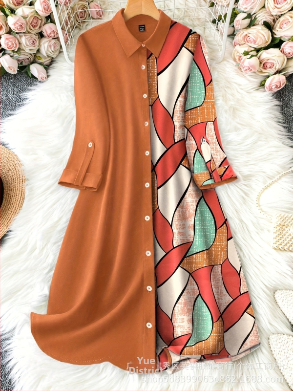 Vytlačené šaty-košeľa s gombíkmi, patchwork sukňa, golier s reverom, polramenné rukávy, polyester-elastan, stredná dĺžka