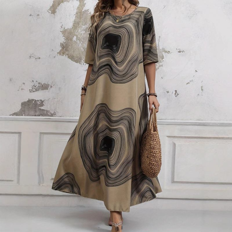 Dlhé šaty s vysokým pásom, okrúhlym výstrihom, krátke rukávy, tlačený vzor