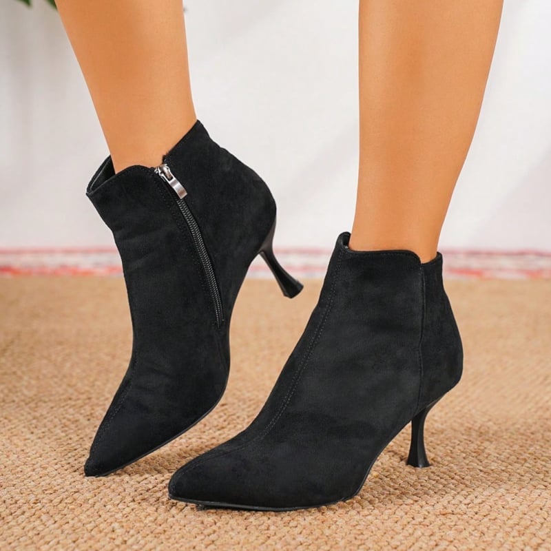 Dámske členkové čižmy, kvetinový vzor, špičatý nos, 6–8 cm vysoký podpätok, PU vrchný materiál, bočný zips