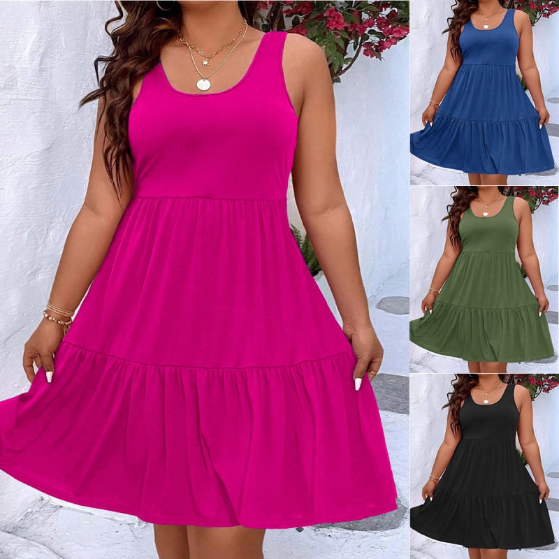 Dámske šaty bez rukávov na leto 2024, polyesterový materiál s elastánom, 95% polyester, 5% elastán, midi dĺžka, okrúhly výstrih