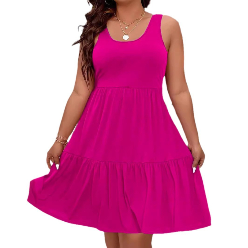 Dámske šaty bez rukávov na leto 2024, polyesterový materiál s elastánom, 95% polyester, 5% elastán, midi dĺžka, okrúhly výstrih