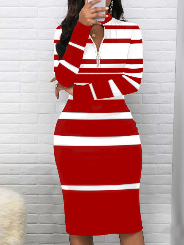 Milk Silk priliehavé šaty s dlhými rukávmi, potlač pruhov/kockovaný vzor, stredná dĺžka, okrúhly výstrih