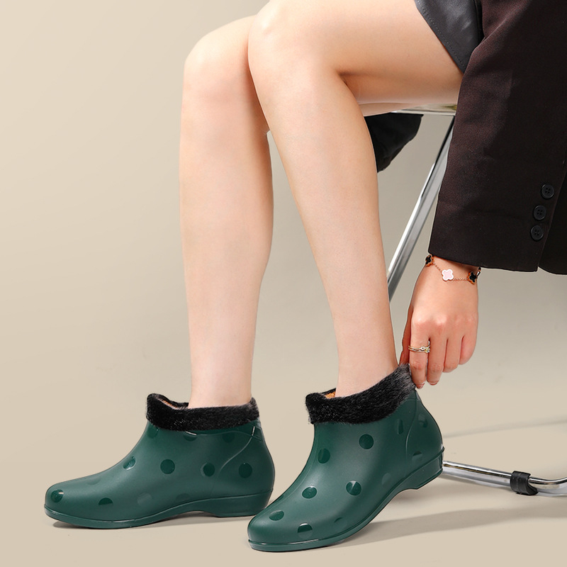 Moteriški trumpi PVC lietaus batai, keturių sezonų, medvilninė įdaila, plokščias kulnas, lauko vandeniui atsparūs bateliai