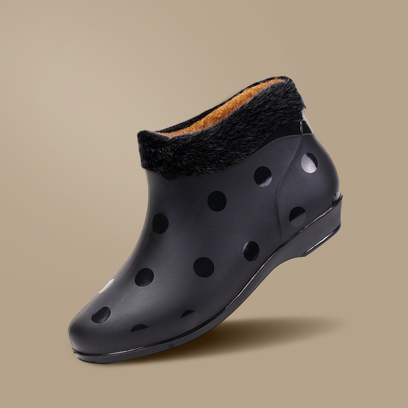 Moteriški trumpi PVC lietaus batai, keturių sezonų, medvilninė įdaila, plokščias kulnas, lauko vandeniui atsparūs bateliai