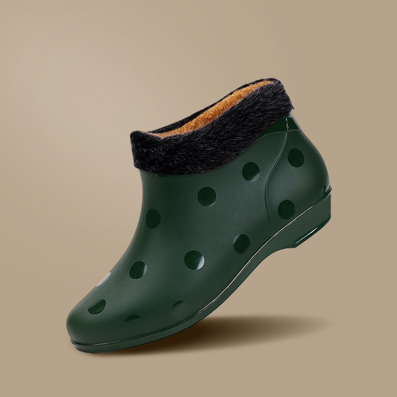 Moteriški trumpi PVC lietaus batai, keturių sezonų, medvilninė įdaila, plokščias kulnas, lauko vandeniui atsparūs bateliai