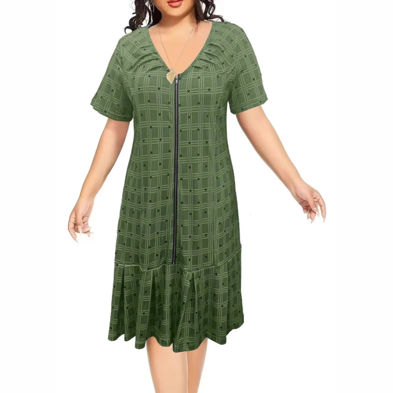 Рокля с каре в стил A-line, V-образно деколте, млечен силк и полиестер, 3/4 ръкав, средна дължина, уличен хипстър стил, лято 2025