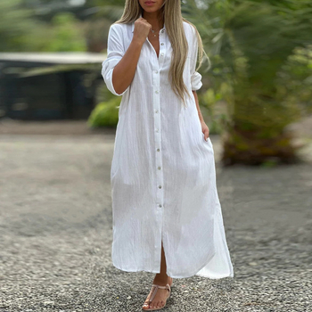 Šaty z bavlny a ľanu, jednobarevné, s dlhými rukávmi, strih A-línie