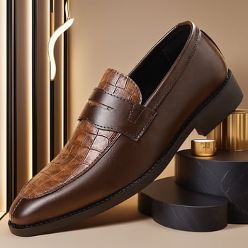 Férfi PU bőrből készült felső részű cipő, hegyes orral, gumitalppal, alacsony sarka 1–3 cm, csíkos mintázat, bőr belső bélés, ősz