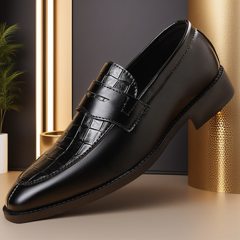 Férfi PU bőrből készült felső részű cipő, hegyes orral, gumitalppal, alacsony sarka 1–3 cm, csíkos mintázat, bőr belső bélés, ősz