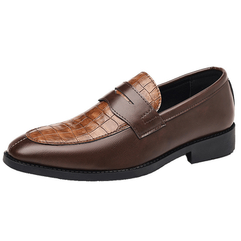 Férfi PU bőrből készült felső részű cipő, hegyes orral, gumitalppal, alacsony sarka 1–3 cm, csíkos mintázat, bőr belső bélés, ősz