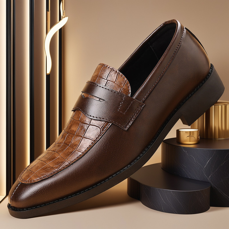 Férfi PU bőrből készült felső részű cipő, hegyes orral, gumitalppal, alacsony sarka 1–3 cm, csíkos mintázat, bőr belső bélés, ősz