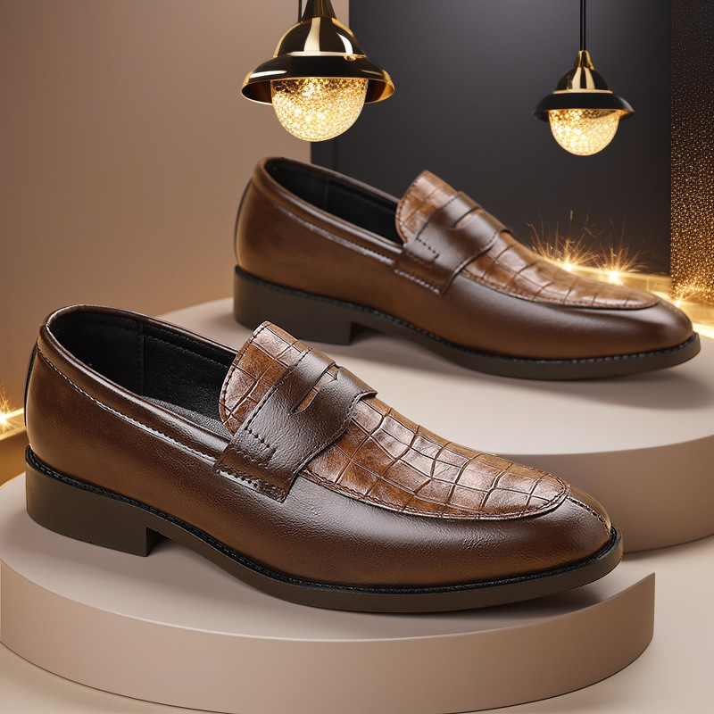 Férfi PU bőrből készült felső részű cipő, hegyes orral, gumitalppal, alacsony sarka 1–3 cm, csíkos mintázat, bőr belső bélés, ősz