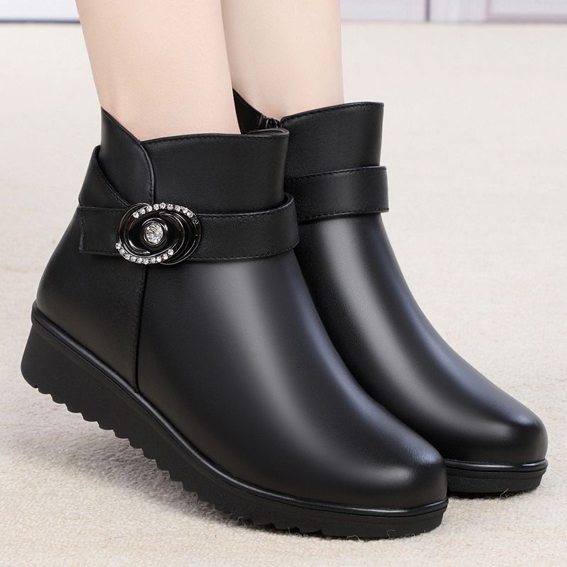 PU кожени дамски ботуши, средно високи, кръгъл нос, каучукова подметка, странична ципа, плюшена подплата