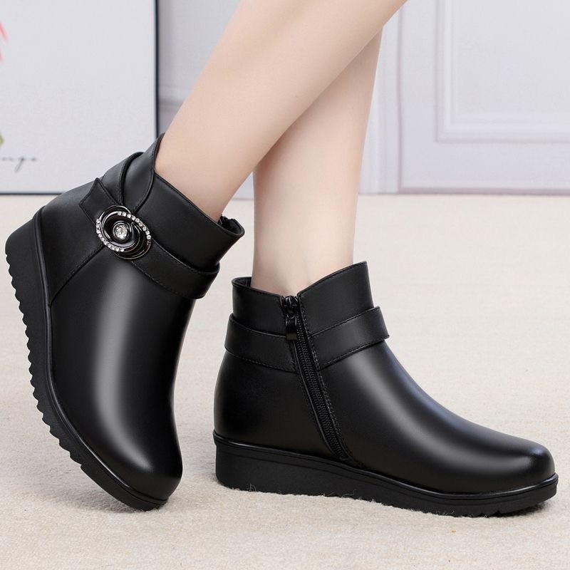 PU кожени дамски ботуши, средно високи, кръгъл нос, каучукова подметка, странична ципа, плюшена подплата