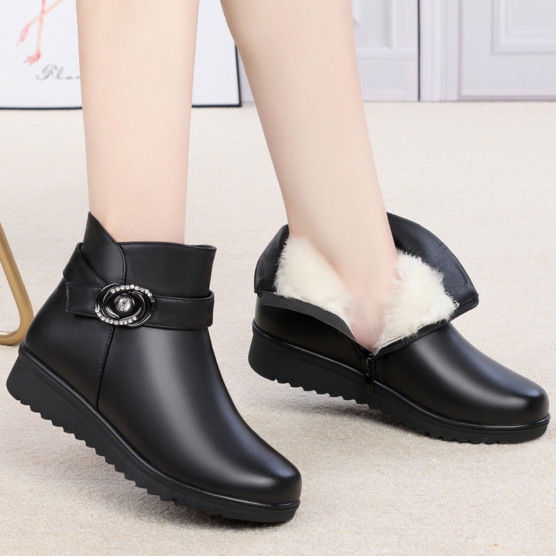 PU кожени дамски ботуши, средно високи, кръгъл нос, каучукова подметка, странична ципа, плюшена подплата