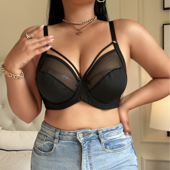 Бюстгальтер с полупрозрачна мрежеста материя, чашка 3/4, тънки формовани чашки, фиксирани двойни презрамки, двойна закопчалка на гърба, полиестерна материя (3/4 чашка; тънки формовани чашки; фиксирани двойни презрамки; двойна закопчалка на гърба; полиестер