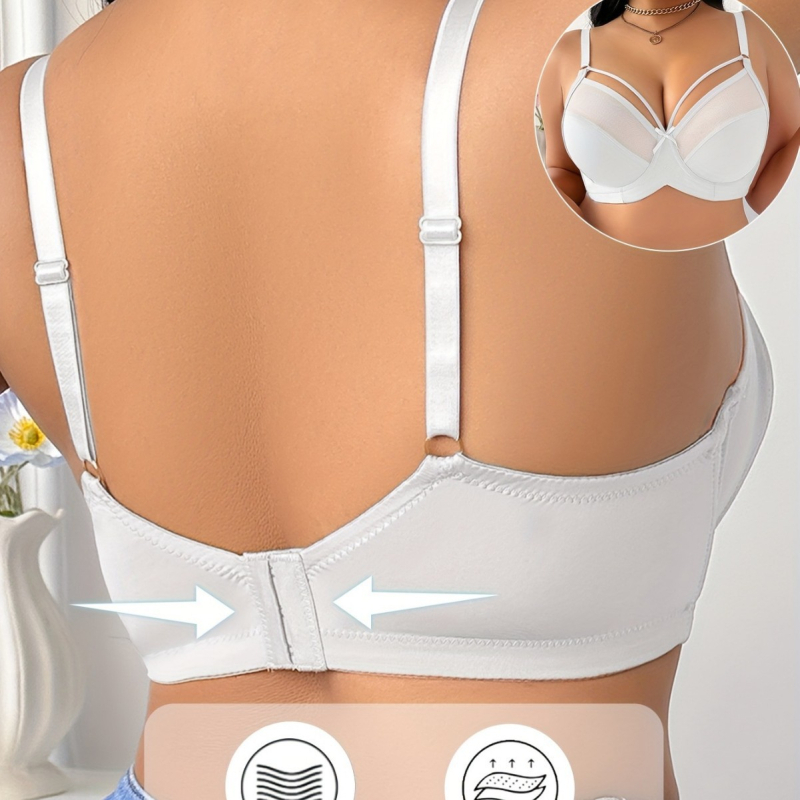 Priehľadná sieťová podprsenka, košík 3/4, tenké tvarované košíčky, pevné dvojité ramienka, vzadu dvojradové zapínanie, polyesterová látka (3/4 košík; tenké tvarované košíčky; pevné dvojité ramienka; vzadu dvojradové zapínanie; polyesterová látka)