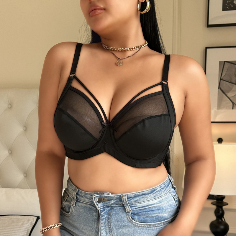 Бюстгальтер с полупрозрачна мрежеста материя, чашка 3/4, тънки формовани чашки, фиксирани двойни презрамки, двойна закопчалка на гърба, полиестерна материя (3/4 чашка; тънки формовани чашки; фиксирани двойни презрамки; двойна закопчалка на гърба; полиестер