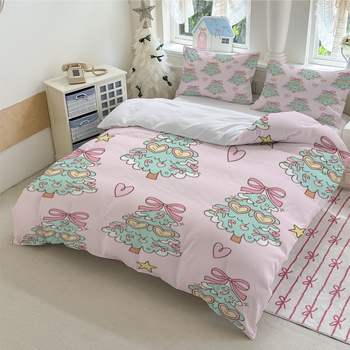 Комплект спално бельо от три части с коледен принт, цифров печат, поликотон, модерен минималистичен дизайн