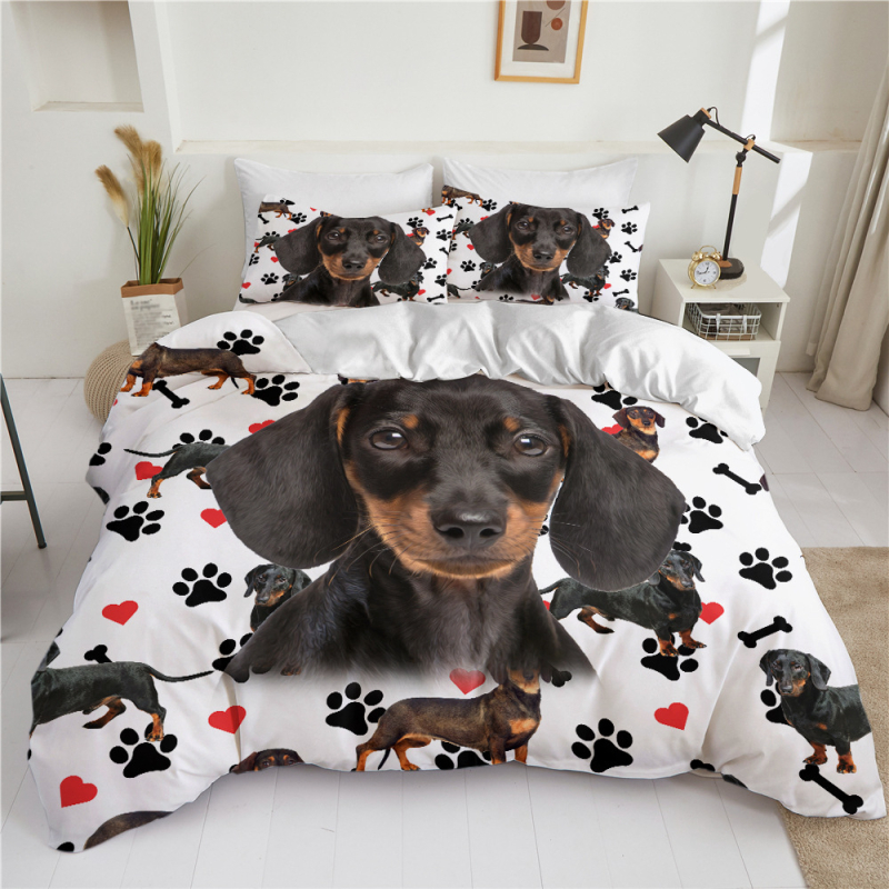 Комплект спално бельо от три части с 3D дигитален печат на серия кучета, мъхесто платно, геометричен принт, 90 г/м² химическо влакно