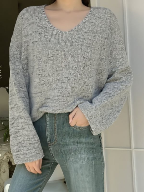 Dámsky pletený sveter s V výstrihom, dlhé rukávy, stredná dĺžka, jednofarebný polyester, elegantný každodenný štýl