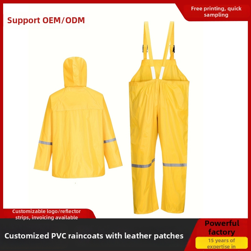 Rozdelený dažďový set s PVC kožou a výšivkami — pre dospelých, vonkajšie dažďovky s remienkami a nohavice