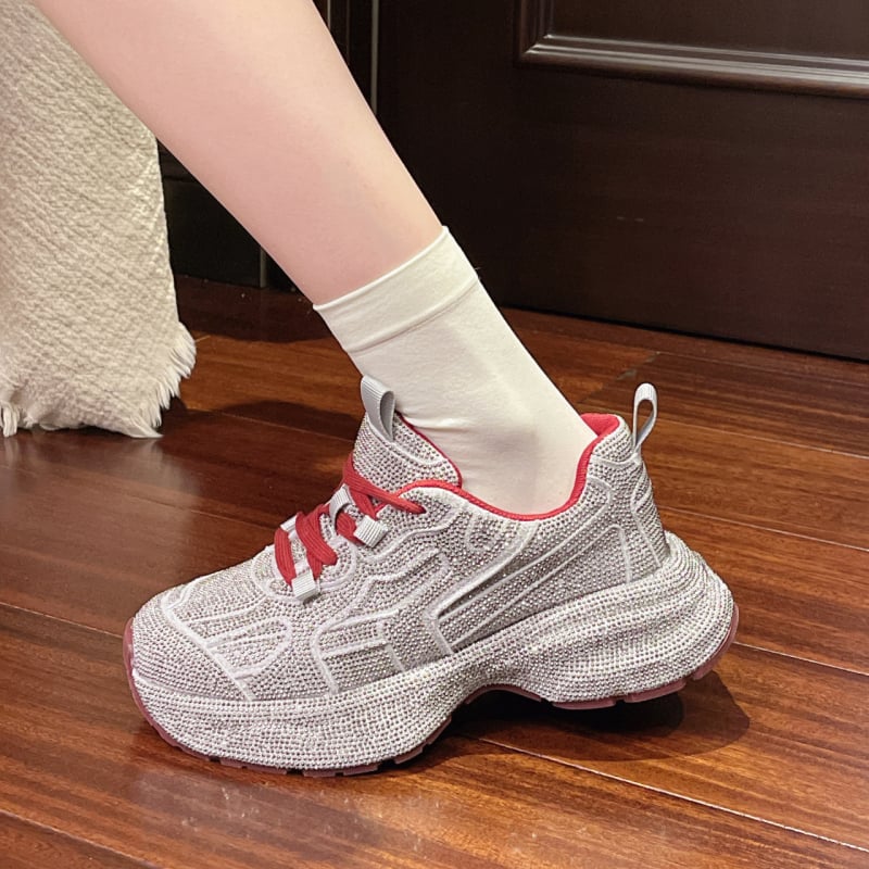 Női rhinestone-díszítésű középmagas edzőcipő, PU felsőrész, vastag talp, lace-up zárás