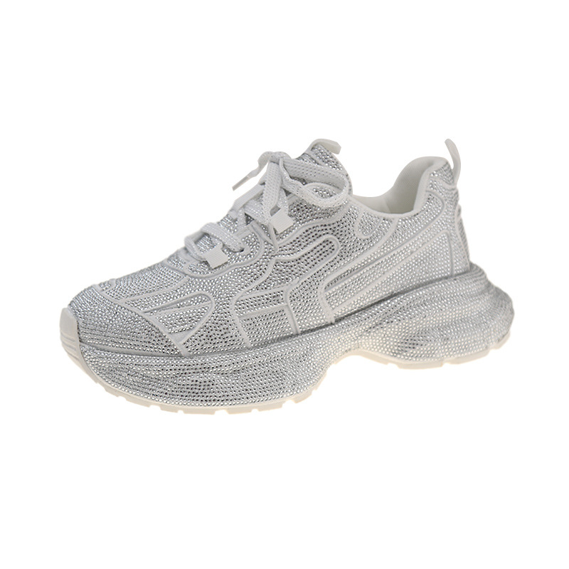 Női rhinestone-díszítésű középmagas edzőcipő, PU felsőrész, vastag talp, lace-up zárás