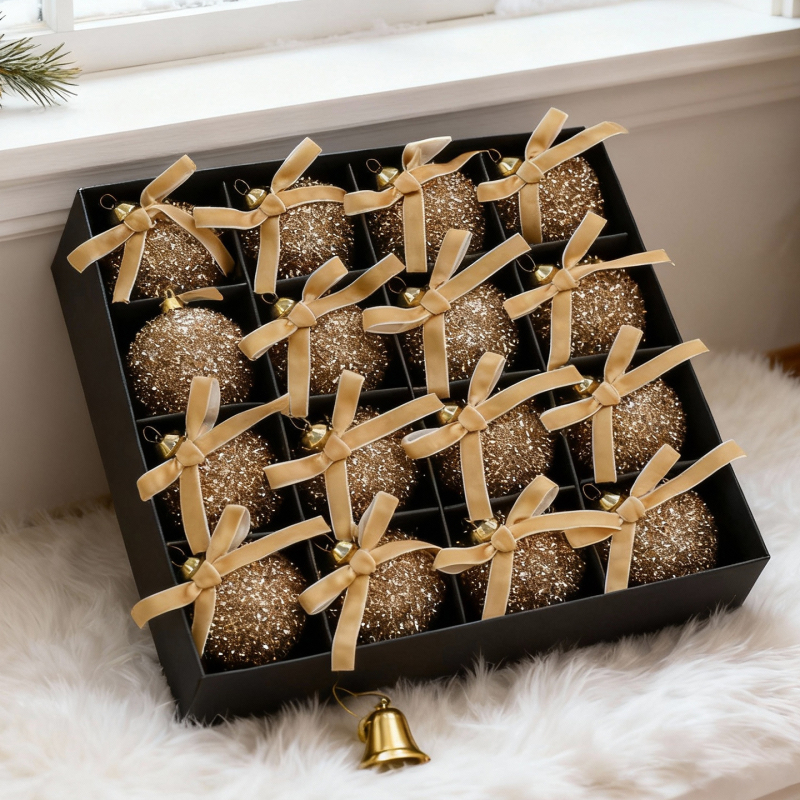 Set ozdobných gúľ na Vianoce s motýľovým uzlom, z plastu, moderný minimalistický štýl, poloručná-polomechanická výroba, výrobné číslo 9251