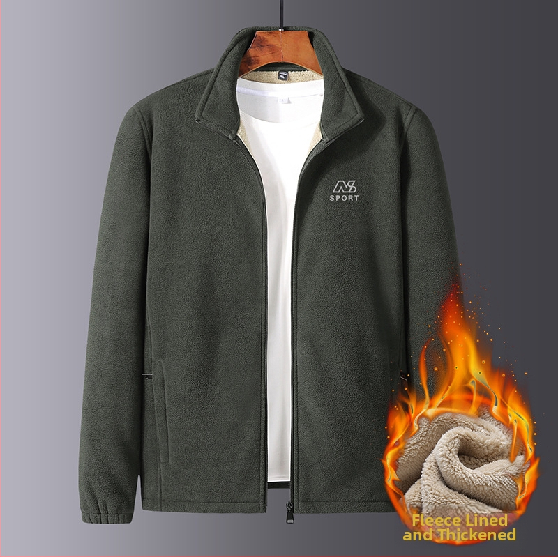 Ανδρικό μπουφάν φλίς για χειμώνα, με επένδυση φλίς, στενή γραμμή, ψηλό γιακά, φερμουάρ και κέντημα