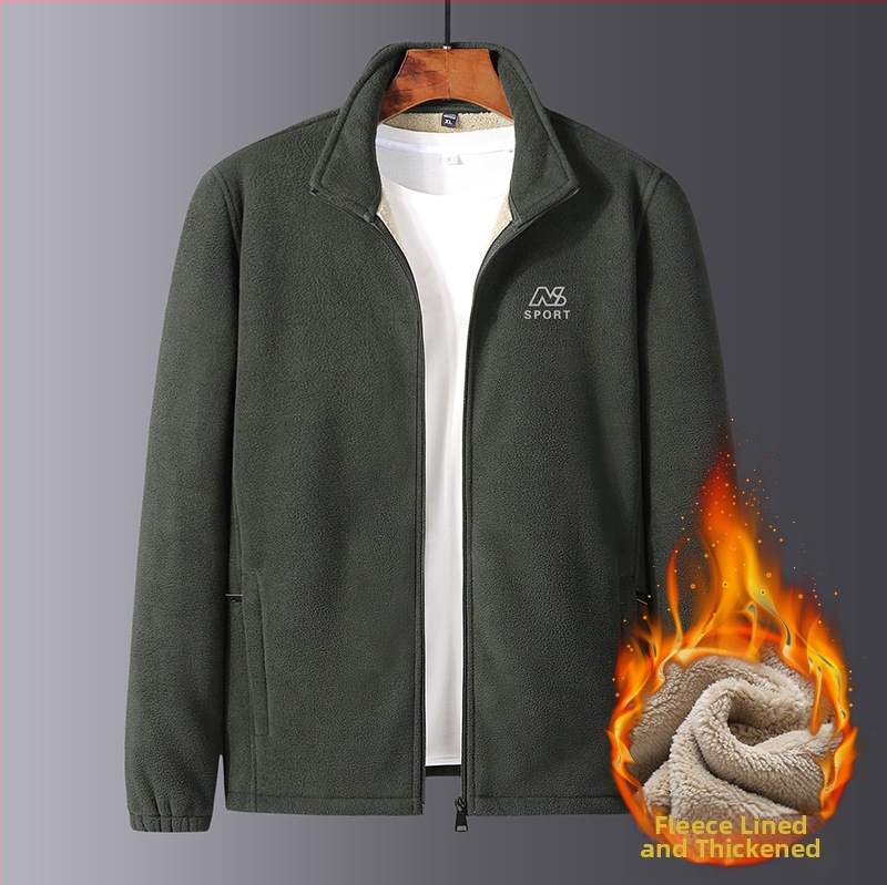 Ανδρικό μπουφάν φλίς για χειμώνα, με επένδυση φλίς, στενή γραμμή, ψηλό γιακά, φερμουάρ και κέντημα