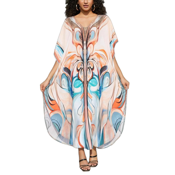 Női mintás poliészter ruha V-nyakkal, 3/4-es ujjú, középméretű hosszúságú, Tavasz 2025