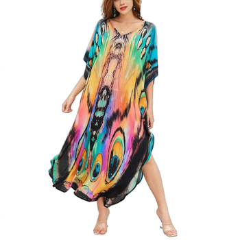 Női mintás poliészter ruha V-nyakkal, 3/4-es ujjú, középméretű hosszúságú, Tavasz 2025