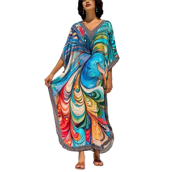 Női mintás poliészter ruha V-nyakkal, 3/4-es ujjú, középméretű hosszúságú, Tavasz 2025