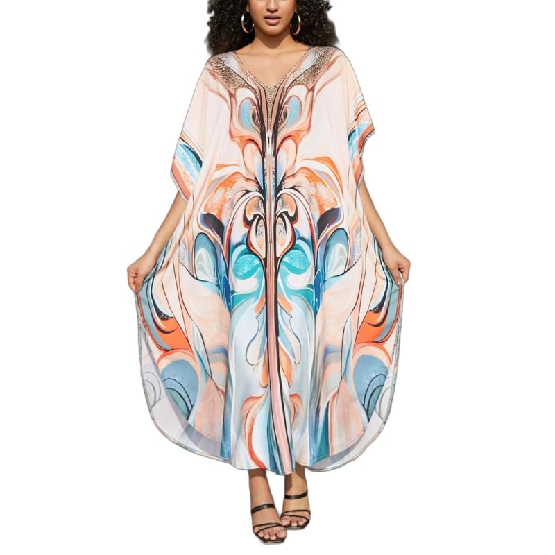 Női mintás poliészter ruha V-nyakkal, 3/4-es ujjú, középméretű hosszúságú, Tavasz 2025