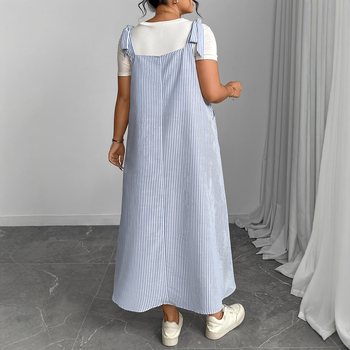 Női hátul pántos ruha, csíkos minta, ujjatlan, hosszú, elegáns stílus, poliészter
