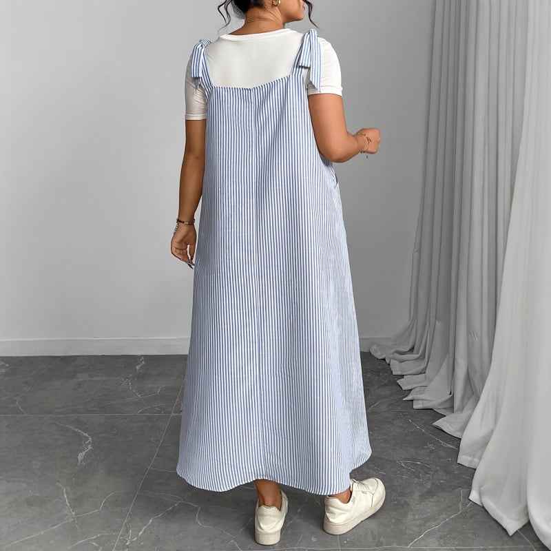 Női hátul pántos ruha, csíkos minta, ujjatlan, hosszú, elegáns stílus, poliészter