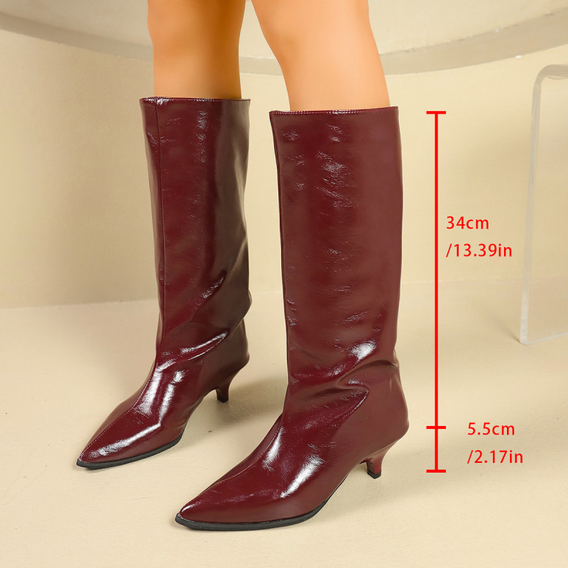 Női PU bőrből készült magas szárú csizma, hegyes orr, magas shaft, alacsony sarkú 1–3 cm, gumírozott talp, Pull-On zárás