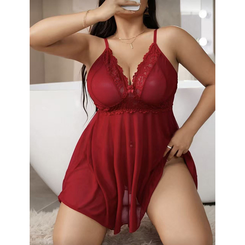 Súprava nočného spodného prádla – sieťovaná čipkovaná priehľadná šaty s ramienkami, polyesterová tkanina