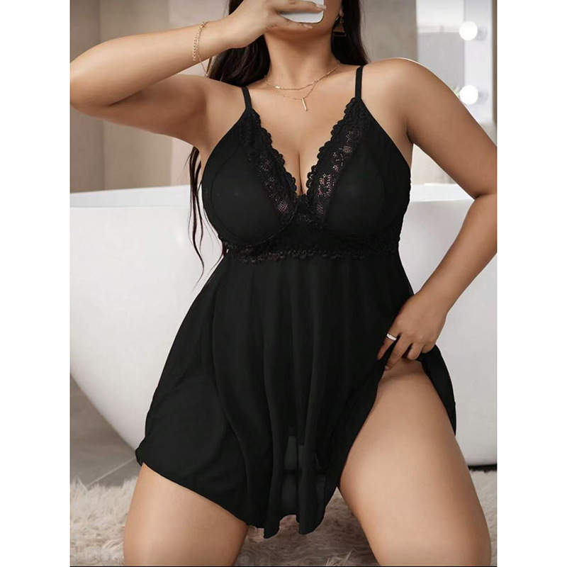 Súprava nočného spodného prádla – sieťovaná čipkovaná priehľadná šaty s ramienkami, polyesterová tkanina
