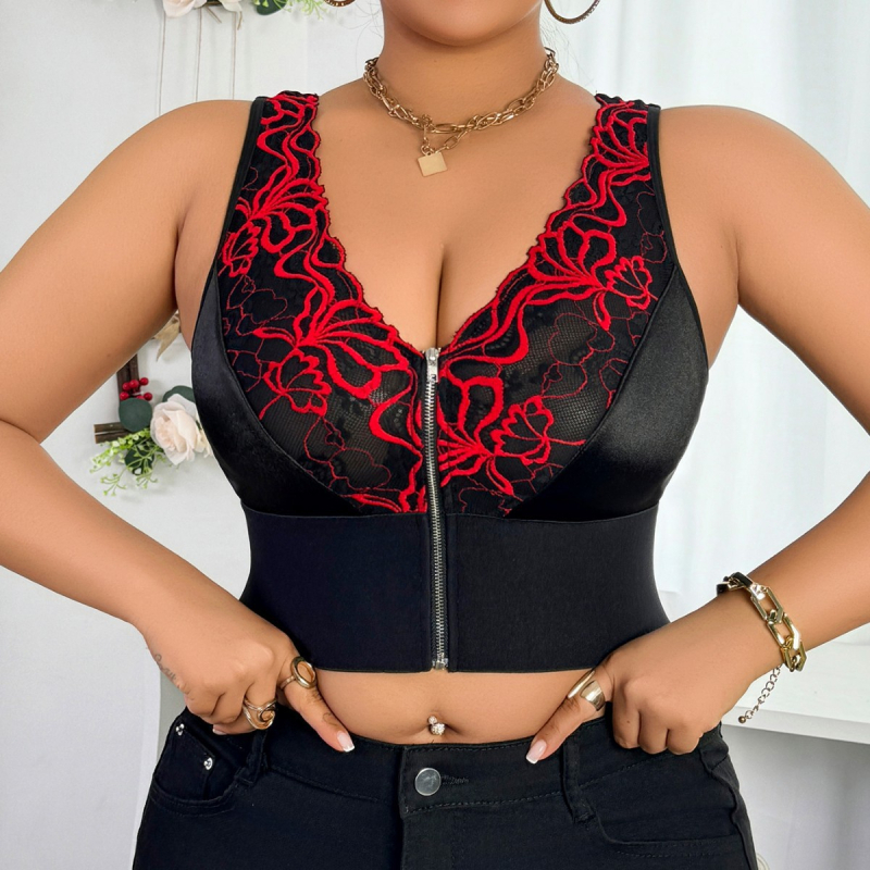 Krajková podprsenka s kvetinovou výšivkou, 3/4 košíček, predné zapínanie, push-up, bezšvová, pevné dvojité ramienka