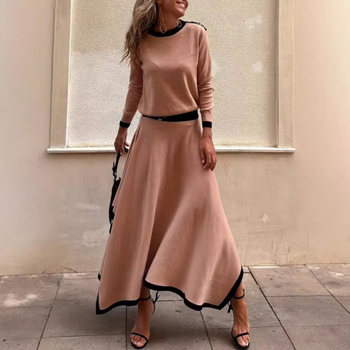 Dvije komada seta: majica s dugim rukavima + neravnomjerna midi suknja, jednobojna, okrugli izrez, elastični pojas, pull-on, poliester 70–80%.