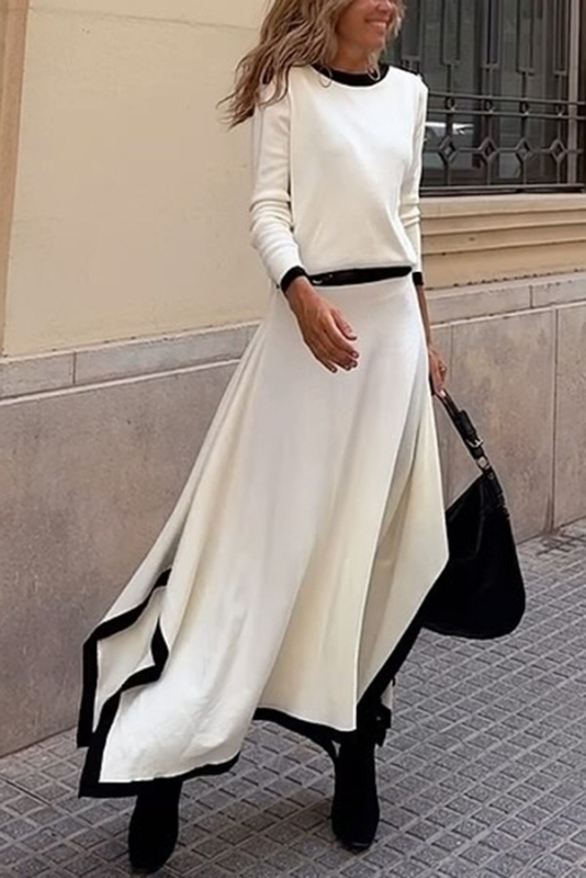 Dvije komada seta: majica s dugim rukavima + neravnomjerna midi suknja, jednobojna, okrugli izrez, elastični pojas, pull-on, poliester 70–80%.