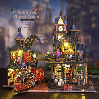 DIY drevený model malého domu — ručne zostaviteľný a slúži ako stojan na knihy. Značka Jiate, kód Es019–a, vhodný pre vek 15–35.