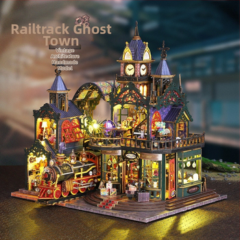 DIY drevený model malého domu — ručne zostaviteľný a slúži ako stojan na knihy. Značka Jiate, kód Es019–a, vhodný pre vek 15–35.