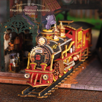 DIY drevený model malého domu — ručne zostaviteľný a slúži ako stojan na knihy. Značka Jiate, kód Es019–a, vhodný pre vek 15–35.