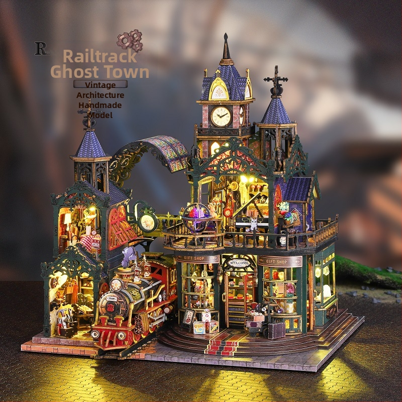 DIY drevený model malého domu — ručne zostaviteľný a slúži ako stojan na knihy. Značka Jiate, kód Es019–a, vhodný pre vek 15–35.