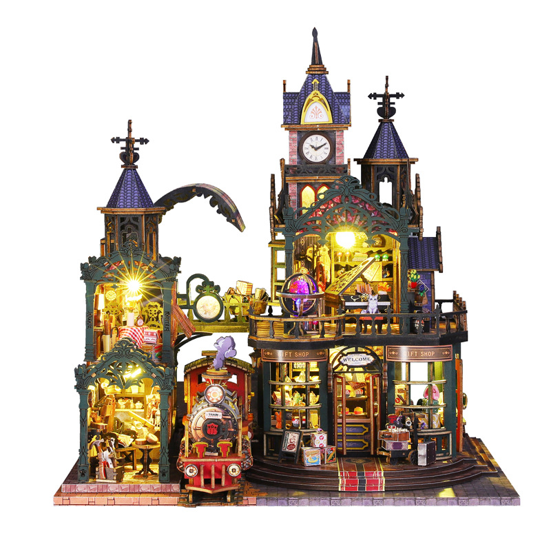 DIY drevený model malého domu — ručne zostaviteľný a slúži ako stojan na knihy. Značka Jiate, kód Es019–a, vhodný pre vek 15–35.