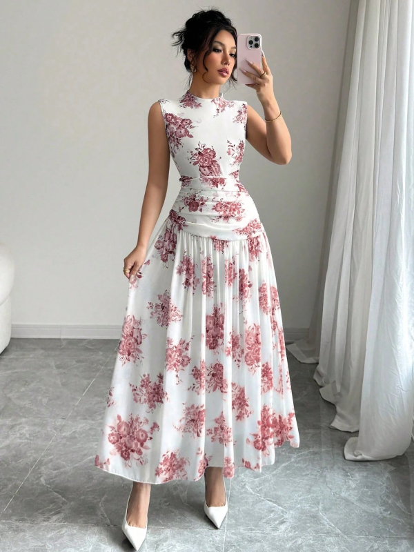 Bez rukava haljina s floralnim printom, poliester materijal, duga A-linija haljina, visok struk