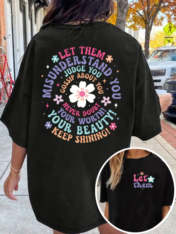 Tricou damă cu citat inspirațional, croială lejeră, guler rotund, mâneci scurte, bumbac tricotat, imprimeu cu litere